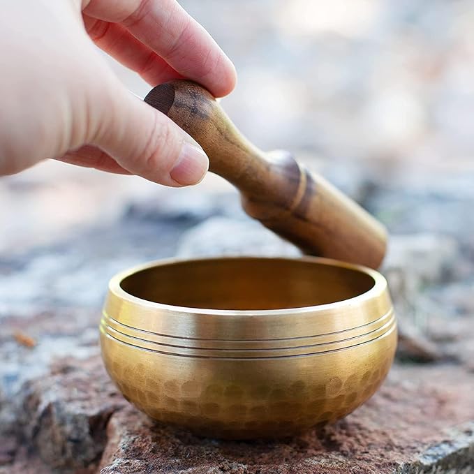 Tibetan Singing Bowl Set - Easy To Play for Beginners - Authentic Handcrafted Mindfulness Meditation Holistic Sound 7 Chakra Healing Gift by Himalayan Bazaar (3 Inch, Gold)