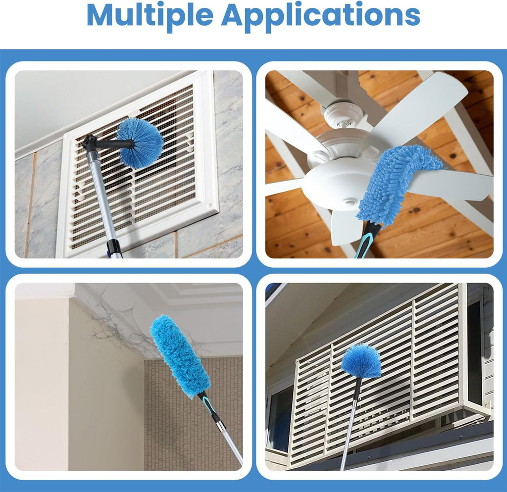 20ft High Ceiling Duster Kits with 5-12ft Heavy Duty Extension Pole - Fan Blade Cleaner, Cobweb Remover & Blue Window Squeegee Kit, Washable Dust Brush for High Roof and Glass Surfaces