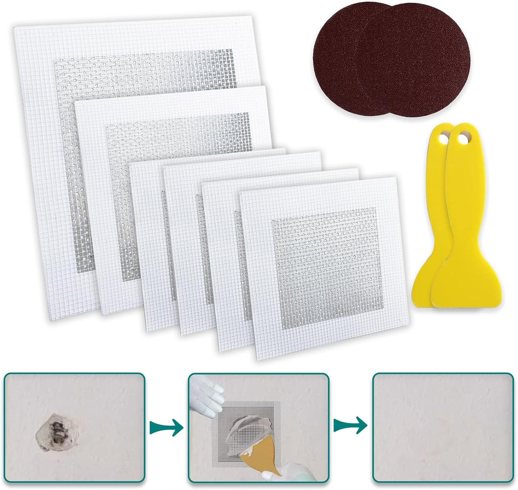 10 Pack Drywall Repair Kit for Large Holes, 4/6/8 Inch Dry Wall Patch Kits for Erase a Small Nail Hole, Plaster Wall Patching Self Adhesive Aluminum Mesh with Scraper and Sandpaper