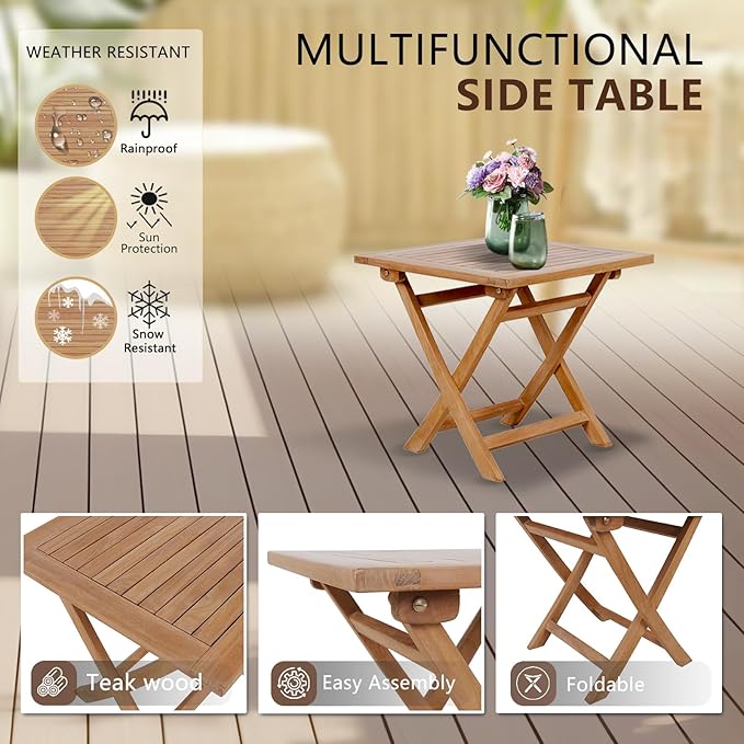 OTSUN Wooden Side Table, Teak Wood Small Table for Indoor & Outdoor Use, Compact Patio Side Tables or Outdoor End Tables for Garden, Deck, or Balcony