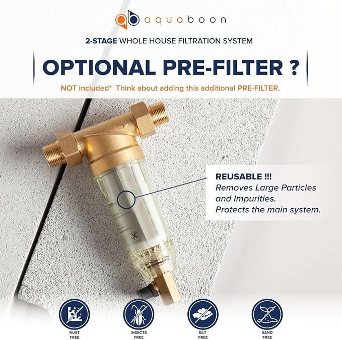 Aquaboon 2-Stage Whole House Water Filter System 20x4.5 inch with Prefilter & KDF, Sediment, Gauge & Release, Wrench, Freestanding Steel Frame