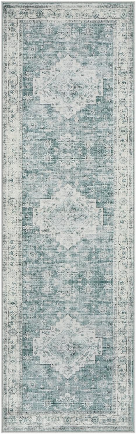 LIVEBOX Washable 2.5x8 Runner Rugs for Entryway Bathroom, Boho Kitchen Floor Mats Long Rug Runners for Hallways Non Slip, Farmhouse Low-Pile Carpet Runners for Laundry Room, Blue