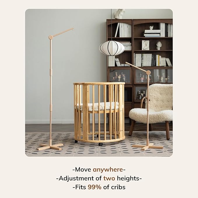 Crib Mobile Arm Wooden Floorstanding - 61 Inches Mobile Arm for Crib|Movable Baby Mobile Hanger|Strong Anti-Dumping Attachment|100% Natural EU Beech Wood|Thicker Wooden Pole|Boho Nursery Decor