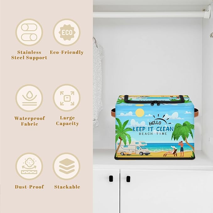 Rectangular Storage Baskets for Shelves - Waterproof Foldable Laundry Basket, Nursery Hamper, Reusable Toy Bin for Organizing Toys, Books, Clothes, Closet 14"x10.2" x10.4"(Beach)