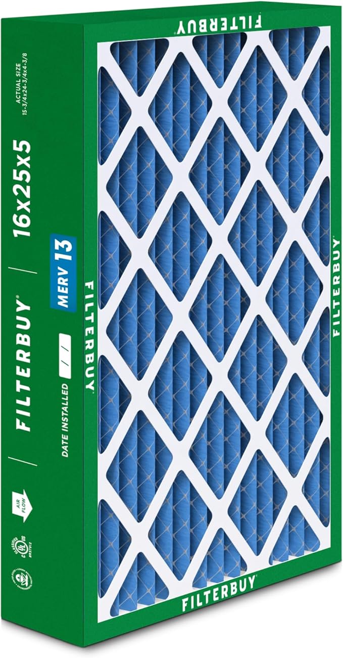 Filterbuy 16x25x5 Air Filter MERV 13 Optimal Smoke & Allergy Defense (1-Pack), Pleated HVAC AC Furnace Filters for Honeywell FC100A1029, Lennox X6670, and More (Actual Size: 15.75 x 24.75 x 4.38)
