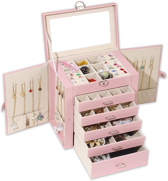 BOOVO Jewelry Box For women, 6 Layer Large Jewelry Organizer With Mirror, Multi-Function Storage Box With Lock, Accessory Holder With 5 Drawers, For Earrings Necklace Ring Bracelet (Pink)