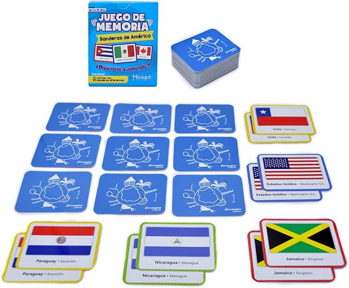 Menique Flags of The Americas Memory Matching Game – Spanish Edition – 70 Cards (35 Pairs) with Flags, Countries & Capitals – Educational Matching Game in Spanish for Kids and Adults