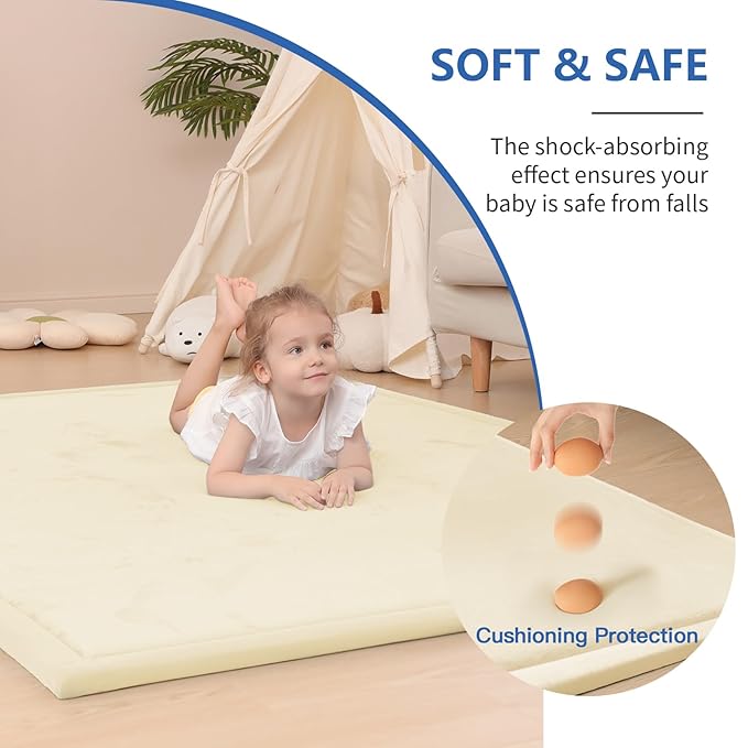 Baby Play Mat for Floor, 1.3" Thick Elasti-Foam 50x50 Playpen Mat for Toddlers Infant Kids,Water-Repellent Soft Velvet for Tummy Time, Non-Slip Backing for Crawling, Tatami Style(Vanilla)