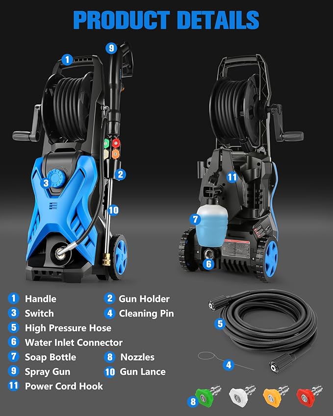 Electric Pressure Washer, 2.8 GPM High Power Washer Adjustable Pressure 2500PSI-5000PSI with 33FT Extension Hose Reel, 4 Nozzles and Soap Bottle for Cars/Fences/Driveways