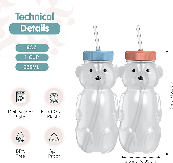 Honey Bear Straw Cup for Babies, 2-Pack Honey Bear Bottle with Travel Lid, Therapy Learning Honeybear Straw Cup, Baby Bottle Set, 8 oz, Blueberry Pie & Firetruck