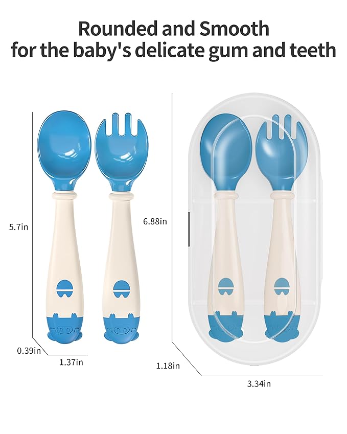 Deejoy Toddler Utensils, Self-feeding Flatware Set withTravel Case, Baby Spoons and Forks with Silicone Bendable Handle, Easy Grip Heat-Resistant, Ideal for Kids, Stage 2 (Blue)