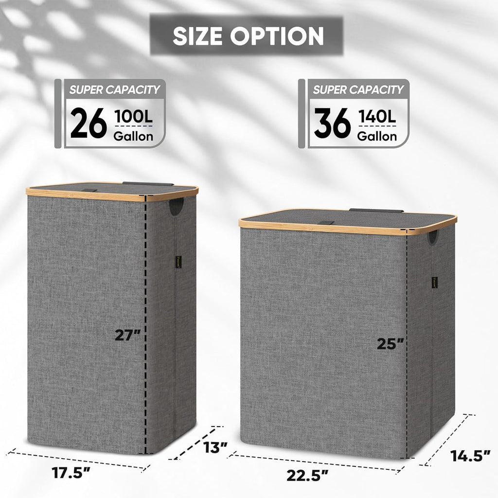 BALEINE Laundry Hamper with Lid, Tall Laundry Baskets with Bamboo Pull Handles, Large Laundry Bin with Internal Support (26 Gal/100L, Grey)