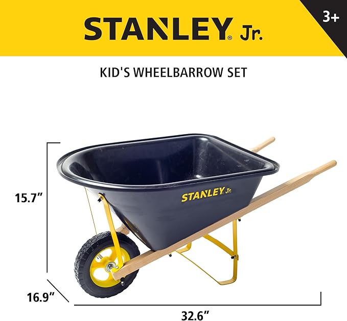 Stanley Jr. Kids Wheelbarrow Set – 6-Piece Durable Toddler Wheelbarrow & Garden Tools – Child Outdoor Toy for Ages 3+ – Fun, Educational Backyard Play with Apron, Gloves & Tools