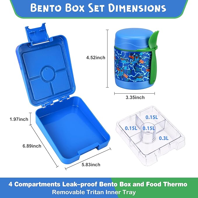 Bento Lunch Box Set With 10oz Soup Thermo, Leak-proof Lunch Containers with 4 Compartment, Kids Hot Thermo Food Jar/Insulation Lunch Bag, Food Containers for School（Shark）