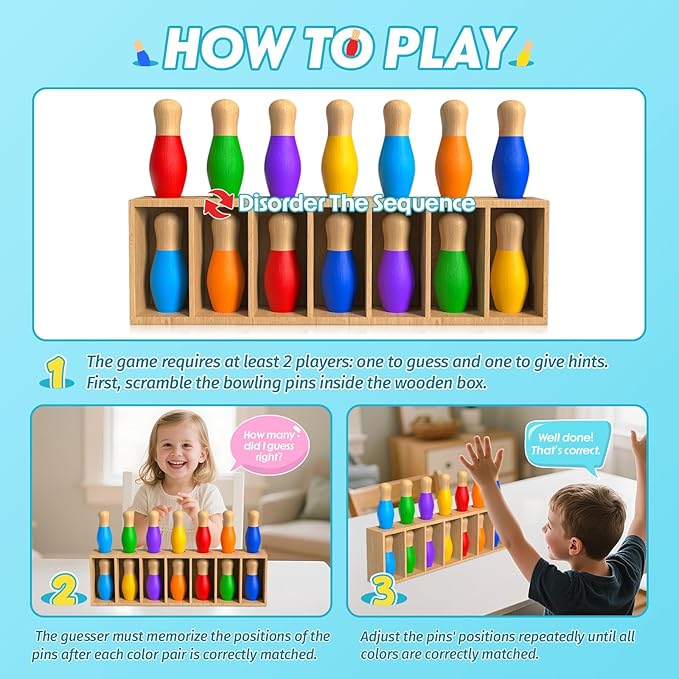 Color Matching Toy Set for Kids, Wooden Bowling Color Matching Game with 7 Bright Pins and Storage Bag, Matching Games for Kids Family Party Birthday Gift, Fun Party Game for Boys Girls