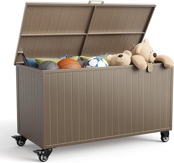Outdoor Storage Box with Wheels 150 Gallon, Metal Deck Boxes Waterproof, UV Resistant Patio Storage Box with Lid for Patio Furniture, Garden Tools (Brown)