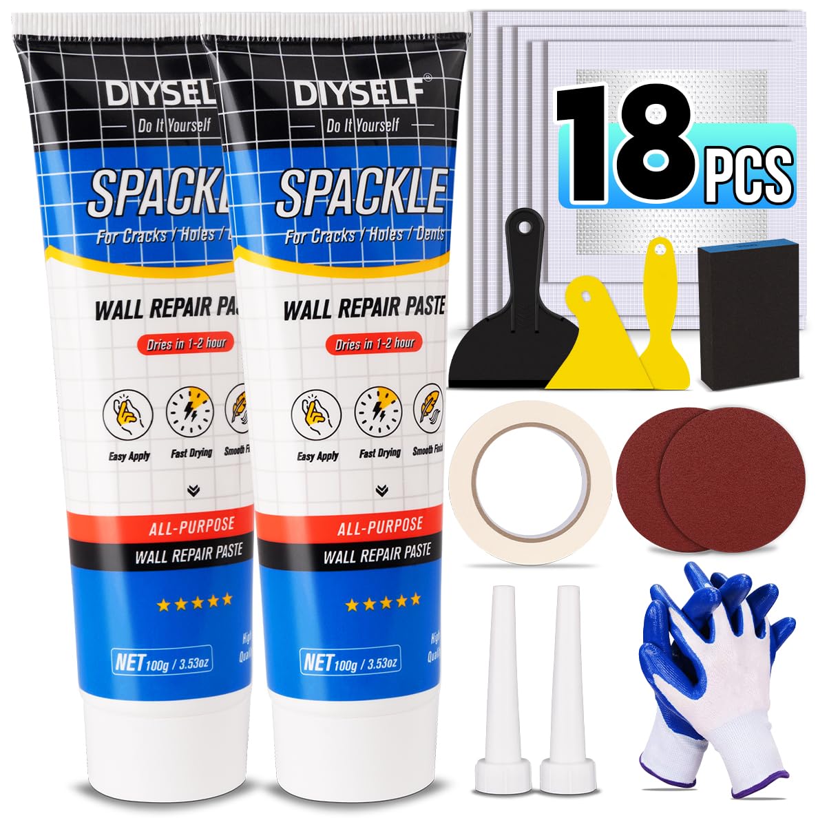 DIYSELF 18 Pack Drywall Repair Kit, Spackle Wall Repair for Nail Holes, Drywall Patch Kits, Hole Putty Filler for Small Hole Repair, Wall Patch Repair Kit for Home, Apartment, Nursery