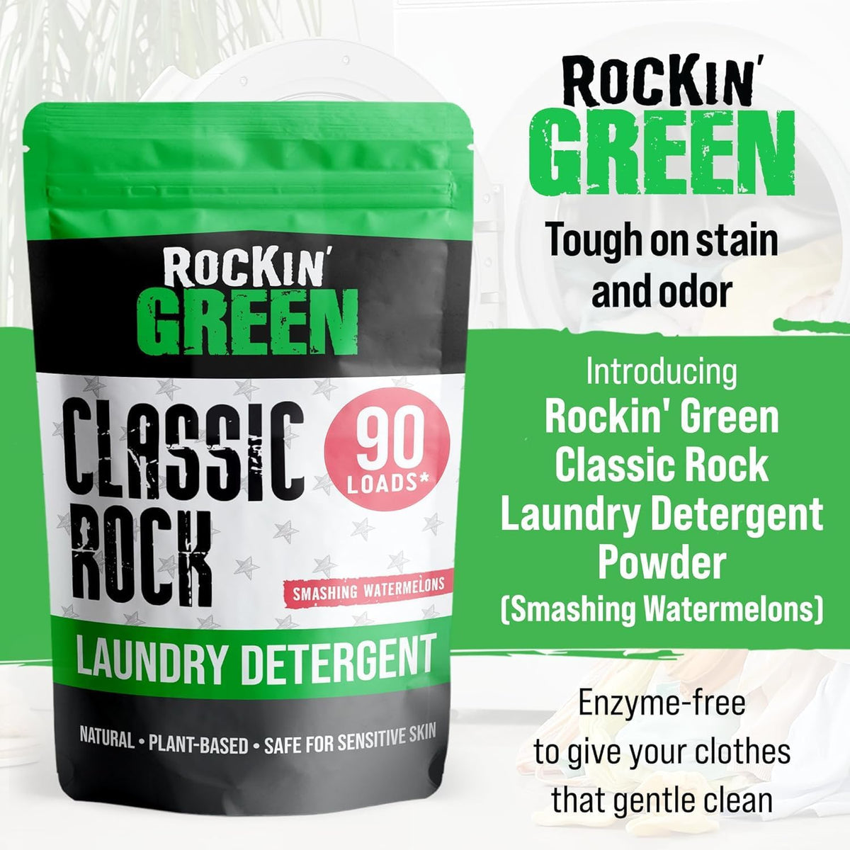 Rockin' Green Classic Rock Laundry Detergent (90 Loads), Plant based, All Natural Laundry Detergent Powder, Vegan and Biodegradable Odor Fighter, Safe for Sensitive Skin, 45 oz (Smashing Watermelons)