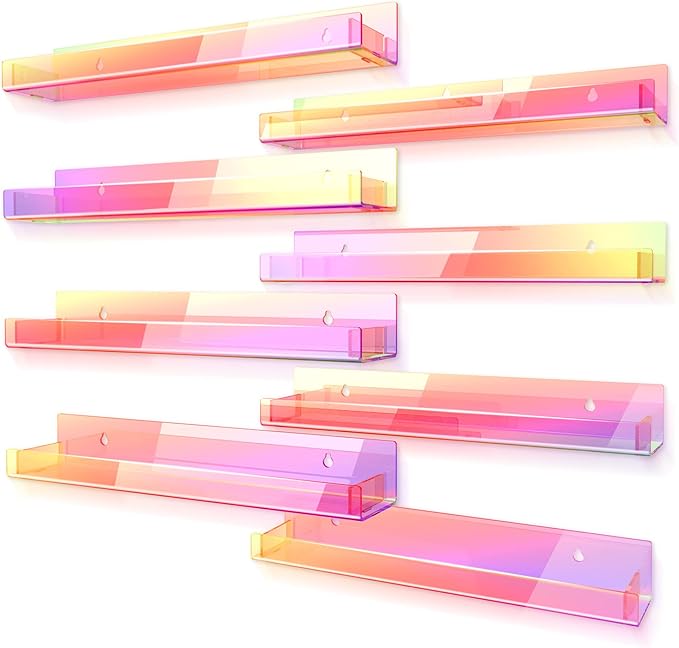 8 Pack 15 Inch Iridescent Acrylic Shelves, Clear Rainbow Kids Floating Bookshelf for Kids Room, Modern Sunglasses Essential Oil Picture Ledge Display Toy Storage Wall Shelf