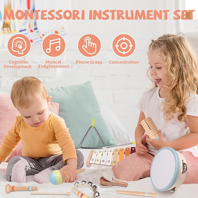 Baby Musical Instruments Set - Montessori Wooden 18 Month Old Baby Musical Toys, Toddler Percussion Instruments Xylophone Maracas Tambourine for Kids, 2 3 4 Year Old Baby Girls Boys Birthday Gifts