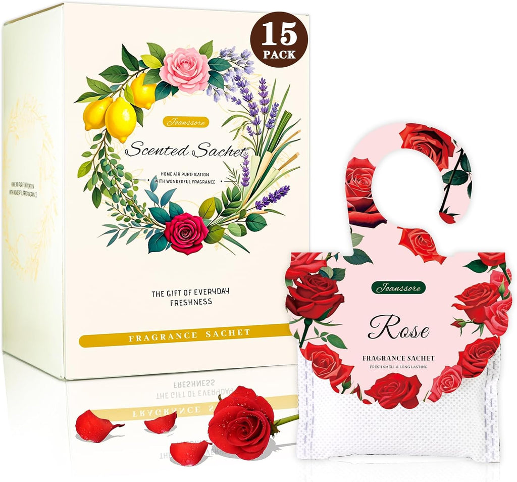 15 Packs Rose Scented Sachets Bag for Drawers and Closets, Air Freshener for Home Fragrance Sachet, Long-Lasting Hanging Closet Deodorizer Smell Goods for House