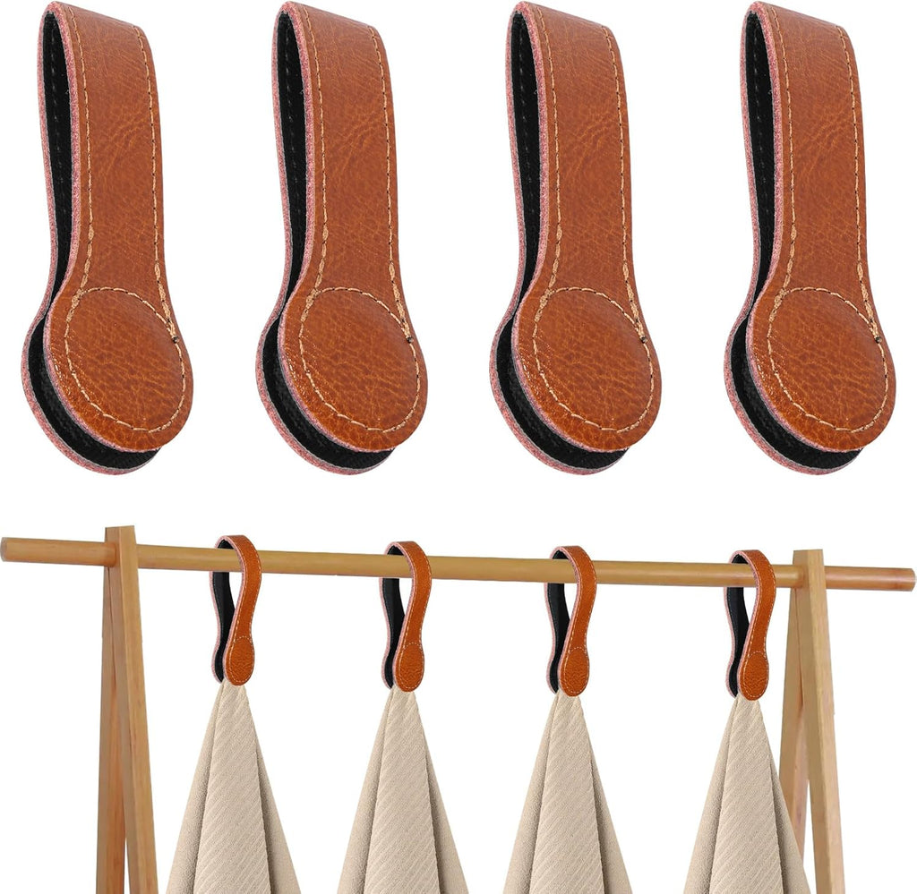 4 PCS Genuine Leather Towel Clips for Kitchen, Magnetic Hand Clips, Towel Holder with Magnet for Rods and Racks, Bathroom Accessory (Light Brown)