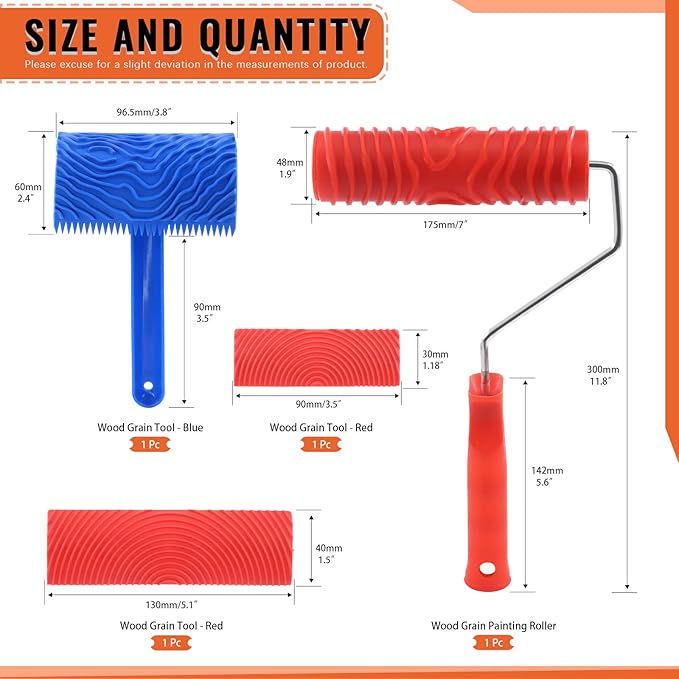 Tanstic 4Pcs Wood Graining Painting Tool Set, Red Blue Rubber Wood Grain Tool and Rubber Empaistic Wood Texture Pattern Roller with Handle for Wall Floor Furniture DIY Room Decoration