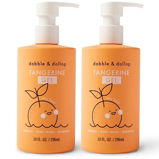 Dabble & Dollop Tangerine Body Wash & Shampoo – 3-in-1 Natural Bubble Bath for Kids, Made in USA, No Parabens or Sulfates, Vegan, Gluten-Free, Tear-Free (10oz, Pack of 2)