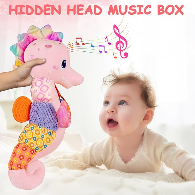 Fuzqq Baby Girl Toys 0-6 Months,Musical Stuffed Animal Plush Toy with Rattle,Soft Newborn Toy for 0 3 6 9 12 Months Girls,Baby Girl Gift,Pink