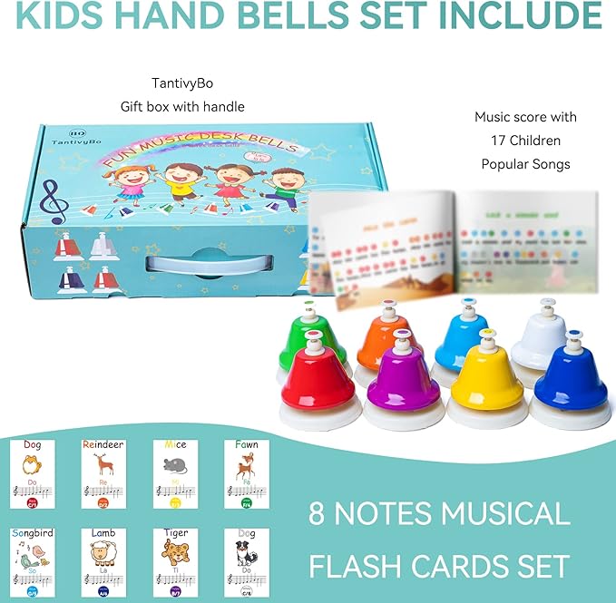 Desk Bells, Rainbow Diatonic Hand Bells for Kids with 17 Songbook & Musical Flash Cards, Toddler Preschool Musical Learning Toys, Boys & Girls Birthday Gift for 3-Year-Old and Over