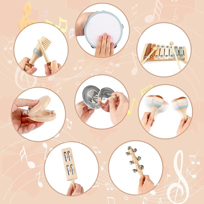 Toddler Musical Instruments, Joyreal Baby Musical Instruments Montessori Wooden Toys for Toddlers 3, Neutral Colors Percussion Instruments Set, Aesthetic Modern Boho Xylophone for Kids Playroom Gifts