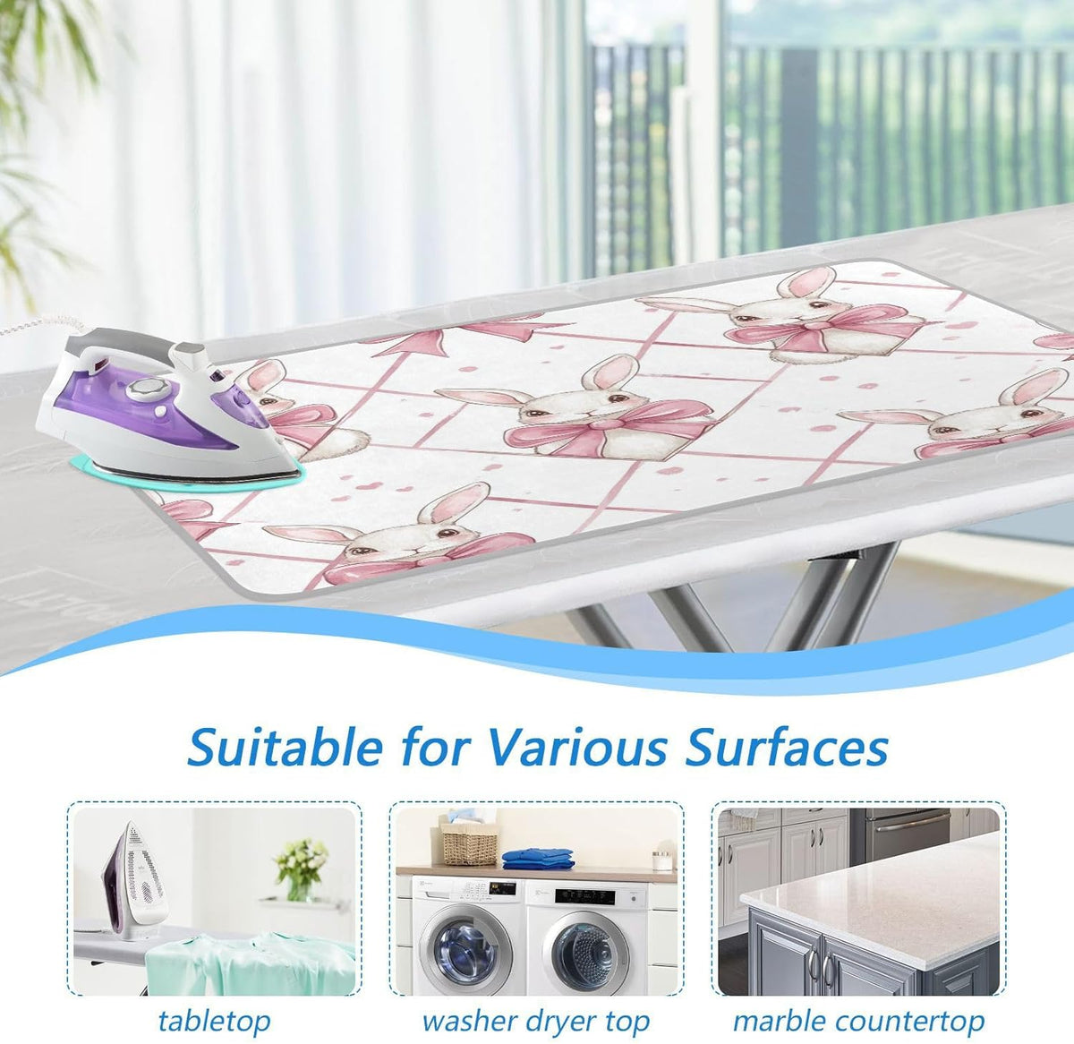 Easter Bunny Bows Pink Ironing Mat Thickened Ironing Blanket Travel Portable Double-Side Using Ironing Pad Travel Isolate Heat Pad Cover for Washer Dryer Table Top Countertop 27.6x47.2in