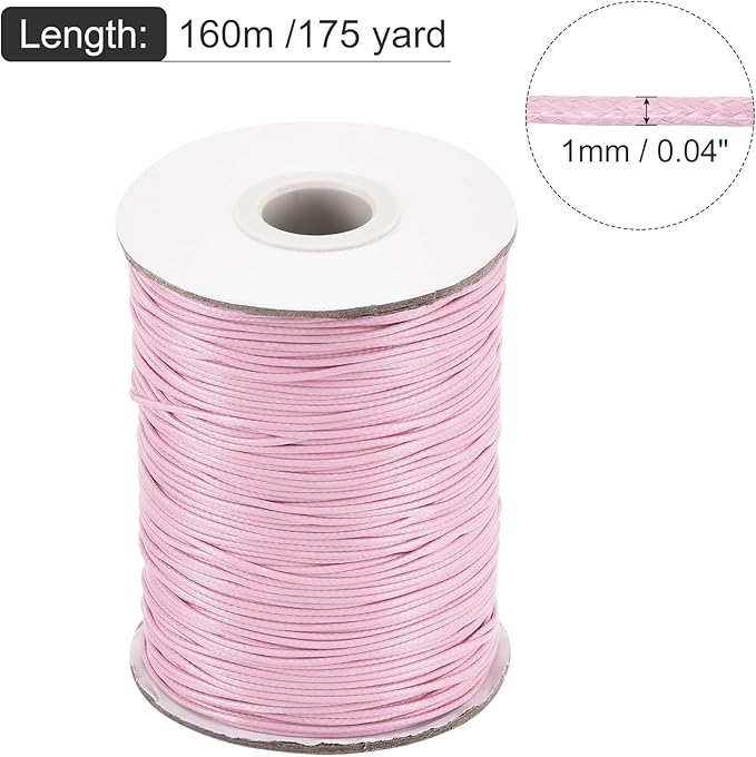 MECCANIXITY Waxed Cord 1mm Waxed Polyester Cord 175 Yard Wax String for Bracelet Making,Necklaces, Beading,Jewelry Making and DIY Crafts(Light Pink)