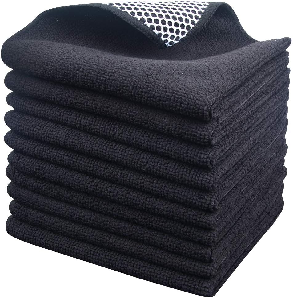 SINLAND Microfiber Dish Cloth for Washing Dishes Dish Washing Rags Best Kitchen Washcloth Cleaning Cloths Wash Cloths with Poly Scour Side 12Inchx12Inch 10 Pack Black