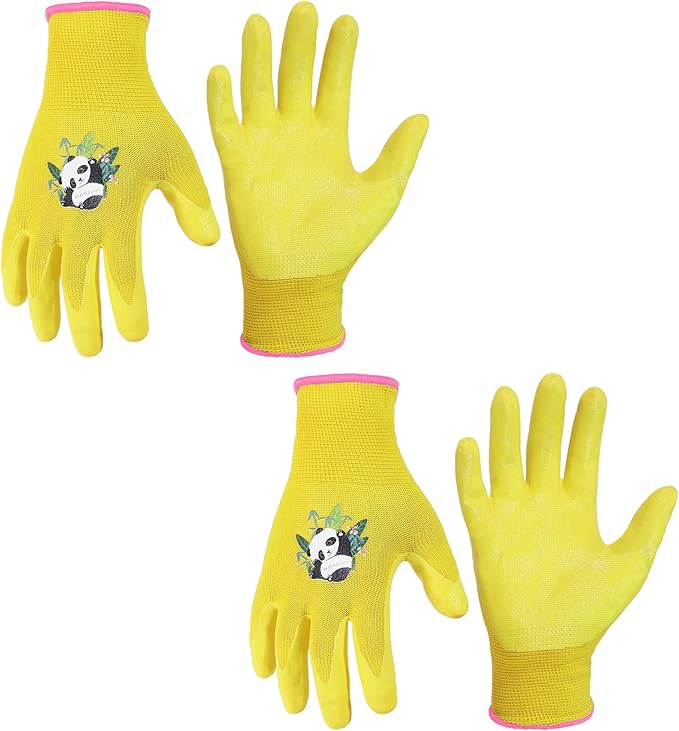 HANDLANDY 2 Pairs Kids Gardening Gloves, Toddler Children Garden Yard Work Outdoor Playing Gloves, Rubber Coating, for Girls Boys Youth (Size S, Yellow)