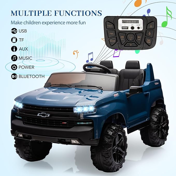 Hetoy 24V 2-Seater Truck Licensed Chevrolet Silverado Ride On Car Toy w/Parent Remote Control,4xSpring Suspension, 3 Speeds, Wireless Music, MP3 Player, Electric Vehicle Car for Kids, Blue