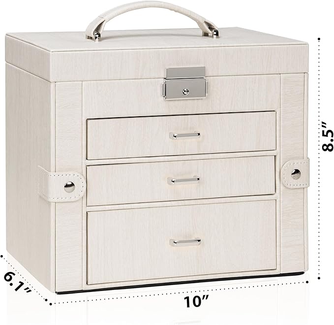 AKOZLIN 4-Tier Jewelry Box Lockable Leather Jewelry Storage Case Organizer with 3 Drawers for Women Girls Ring Necklace Earring Bracelet Watches Holder with Mirror