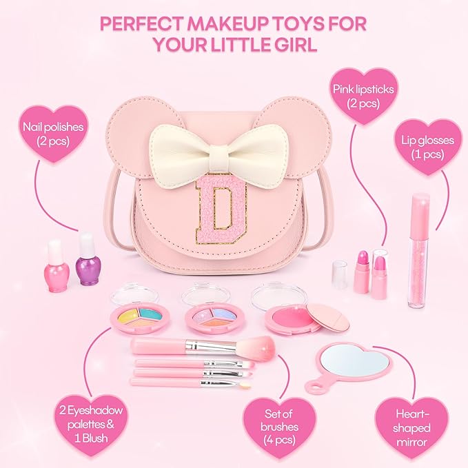 Kids Makeup Kit for Girls - 15 Pcs Real Washable Make Up Set - Non Toxic Toddlers Cosmetic with Letter Mouse Ear Purse - Dress up Birthday Gifts for 3 4 5 6 7 8 Years Old Girls - D