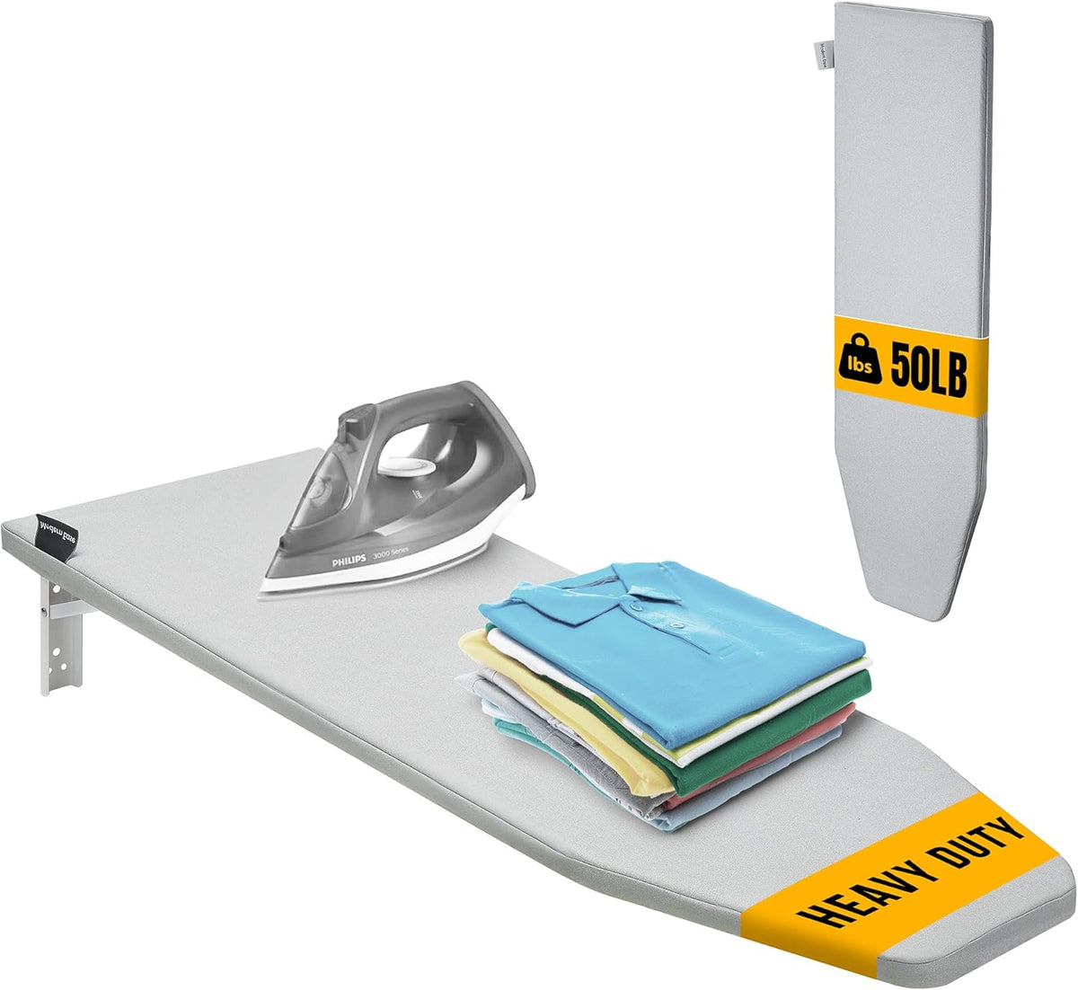 Wall Mounted Ironing Board - Fold Out Ironing Board Wall Mount with Removable Cover - Foldable Compact - Foldable - for Laundry Rooms, Bedrooms, Cabinet