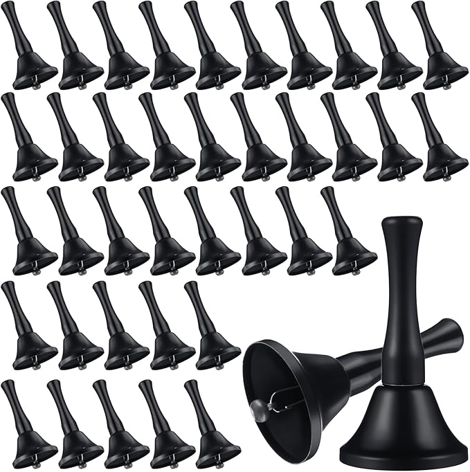 Yeshone 50 Pcs Hand Steel Call Bells Bulk Wedding Dinner Service Bells with Wood Handles for the Sick Elderly Alert Classroom Alarm, 1.97 x 3.66 Inches (Black)