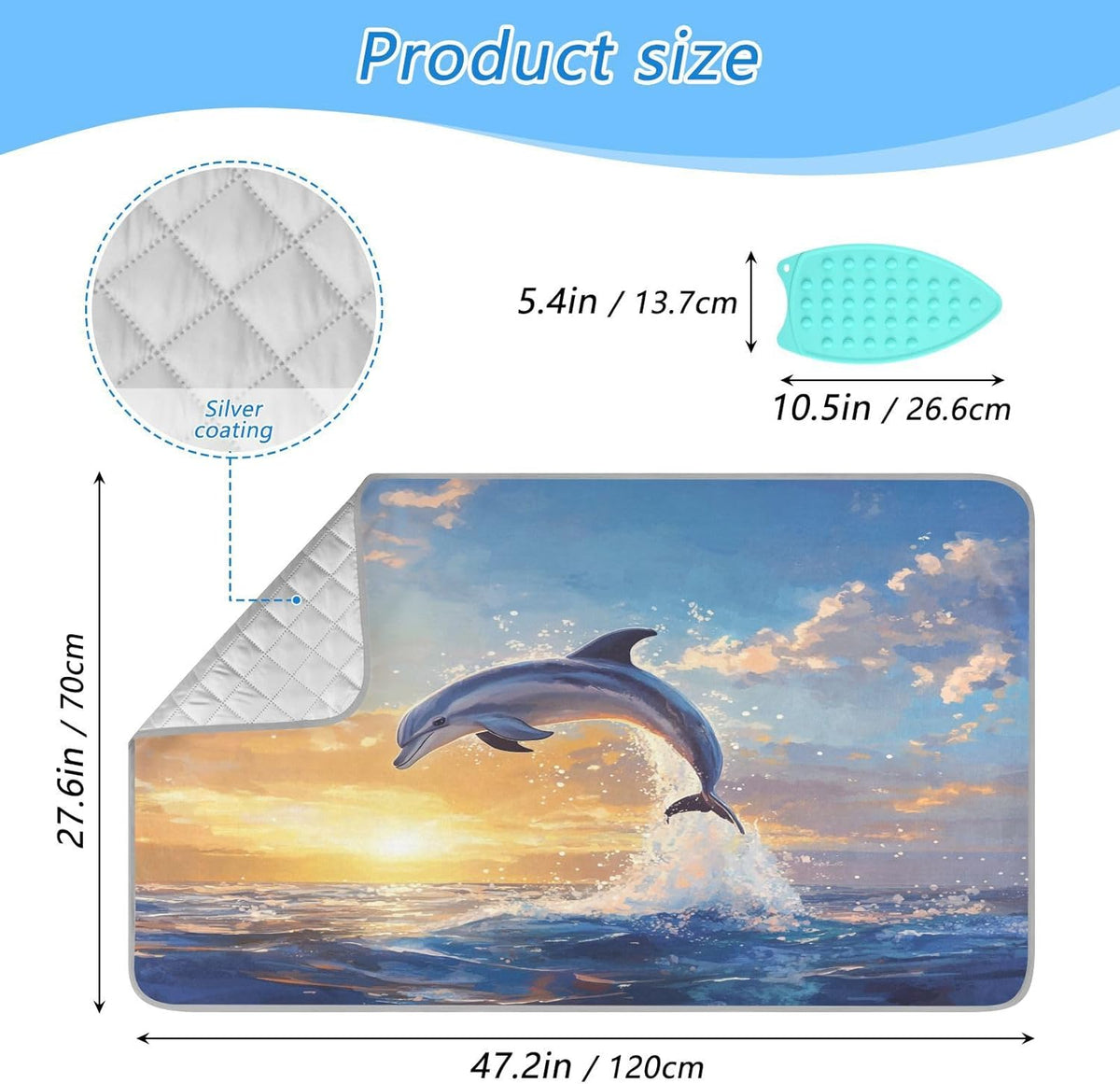 Dolphin Jumping Sunset Blue Ironing Mat Thickened Ironing Blanket Travel Portable Double-Side Using Ironing Pad Travel Isolate Heat Pad Cover for Washer Dryer Table Top Countertop 27.6x47.2in
