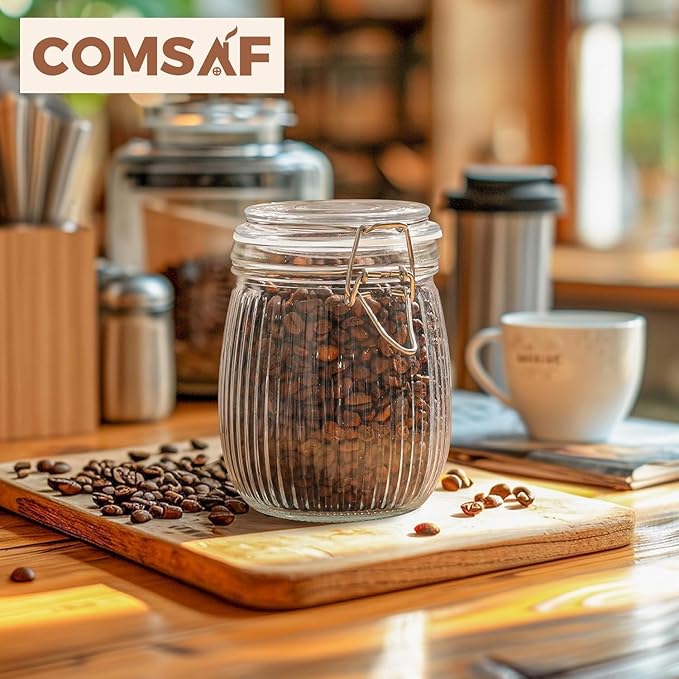 ComSaf Airtight Glass jar with lid 26oz Set of 6, Glass Storage Containers with Lids, Glass Canister, Mason Jars, Striped Clip Fastening Jar for Kitchen Canning, Oat, Coffee, Pasta, Snack, Nut, Candy