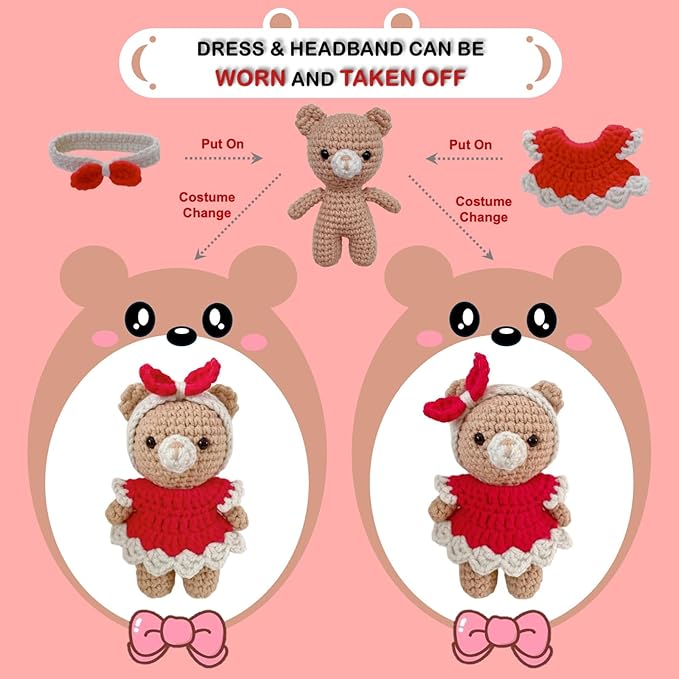 LoopMap Crochet Kit for Beginners - DIY Amigurumi Bear with Removable Dress & Accessories - Step-by-Step Video Tutorials, Extra Yarn, Crochet Tools, Handmade Gift for Kids & Adults (Bear K01, red)