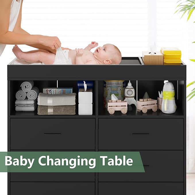 Changing Table Dresser with Drawers, Baby Dresser with Changing Table Top, Power Outlet, LED Light & Metal Feet, Diaper Changing Station Nursery Organizer for Infants Newborn, Black