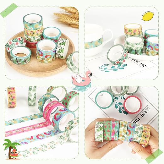 12 Rolls Fruits Washi Tapes, Hawaiian Leaves Cactus Masking Tapes, Colorful Fruits Decorative Adhesive for Scrapbook Journals DIY Craft Gift Wrapping Birthday Thanksgiving Christmas Party Decor 16.4Ft