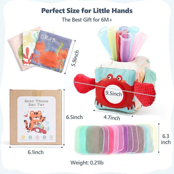 Baby Tissue Box Toy, Montessori Sensory Toys for 6-12 Months, 6 Month Old Baby Must Haves, with Crinkle Paper, Silk Scarves, Safety Mirror, Perfect Early Learning Gift