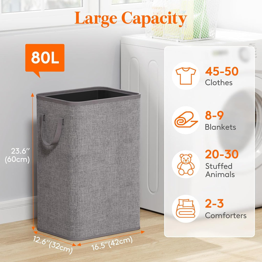 Lifewit 80L Large Tall Laundry Hamper, Collapsible Laundry Basket with Handles, Foldable Clothes Hampers for Laundry, Portable Dirty Clothes Hamper for Dorm College Bedroom Bathroom, Light Gray