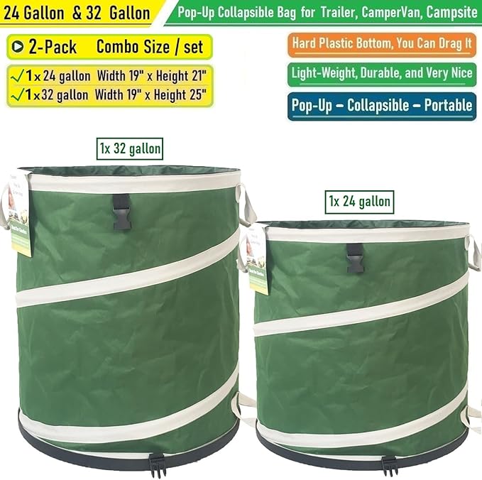 24 Gallon and 32 Gallon Collapsible Trash Can Solid Bottom for Garden Debris Bag,Yard Waste Bag,Pop-Up Trash Can,Recycling Bin,RV Camping Waste Bin,Laundry Hamper,Lawn Grass,Yard Weeds Bags,Leaf Bags