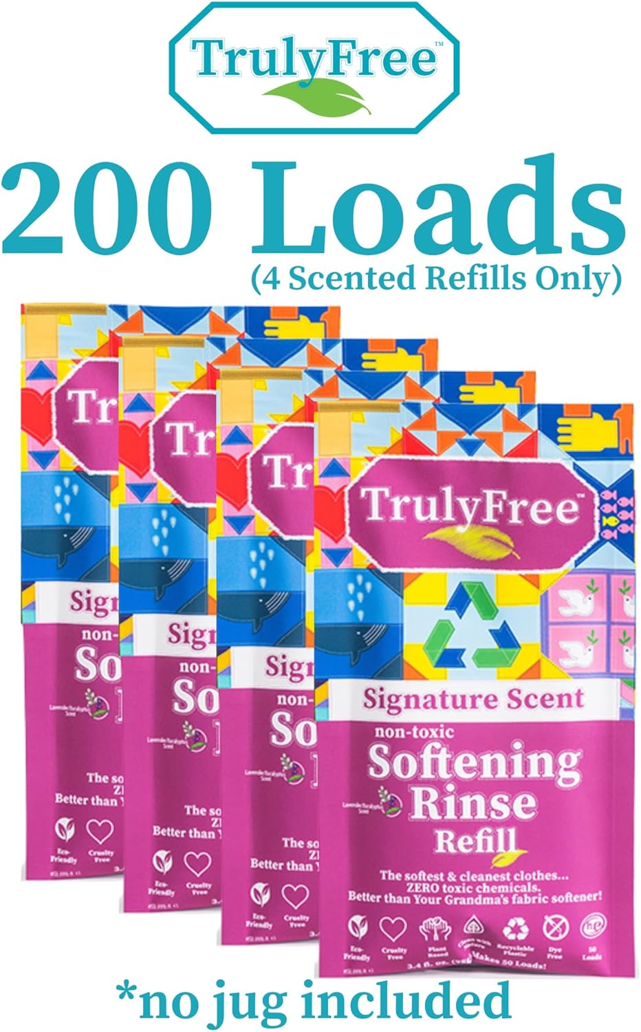 Truly Free Fabric Softening Conditioner for Clothes| Safe for Babies & Kids with Sensitive Skin | Plant-Based | Includes 4 Refills| Signature Scent Rinse(200 Loads)