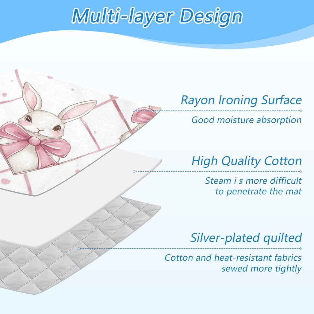 Easter Bunny Bows Pink Ironing Mat Thickened Ironing Blanket Travel Portable Double-Side Using Ironing Pad Travel Isolate Heat Pad Cover for Washer Dryer Table Top Countertop 27.6x47.2in